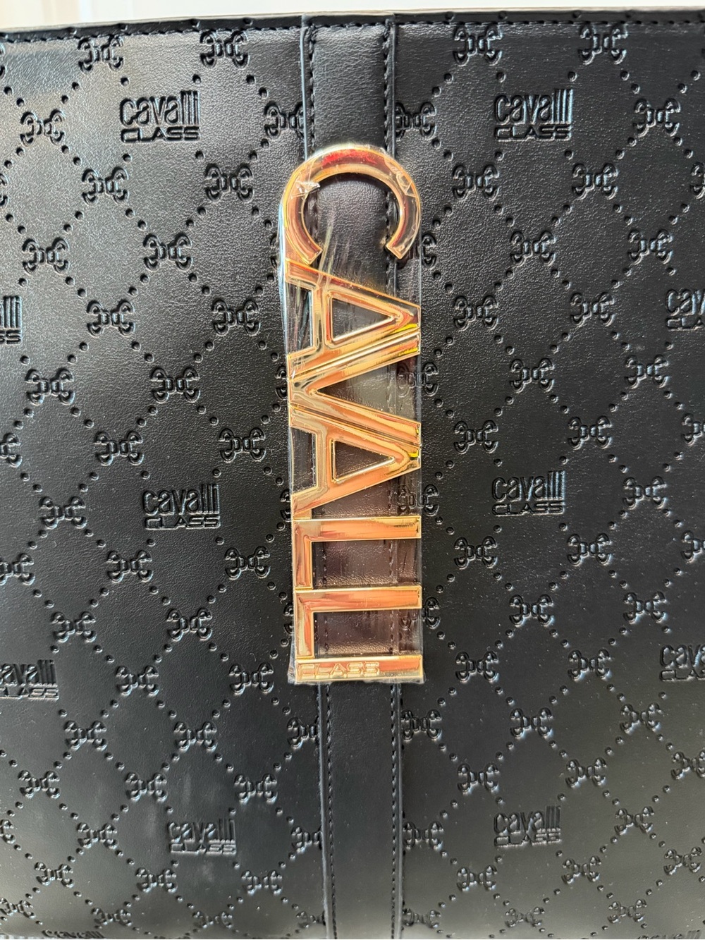 Cavalli Class Sandra Shopper Tote Black Deboss Gold Logo NWT - Picture 6 of 8